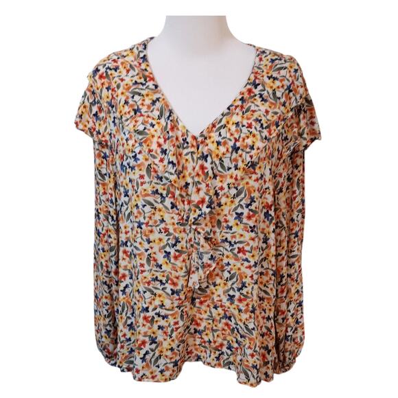 DEMOCRACY Blouse Top Shirt Size‎ XL Boho Floral Ruffled V-Neck Yellow Blue - Picture 10 of 10